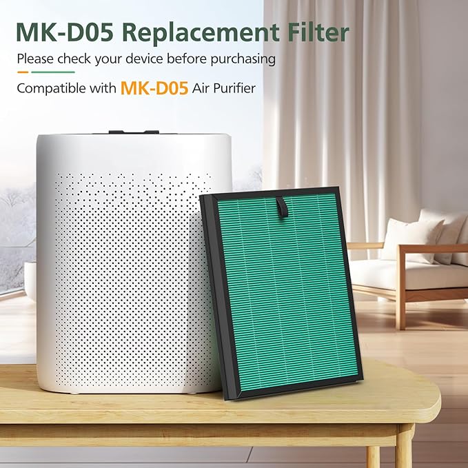 2-Pack MK-D05 Air Fil-ter Replacement for MK-D05 Air Cleaner Puri-fier, 4-in-1 Filtration with HEPA Filt-er and Activated Carbon Filt-er, Green (Pet Dander Version)