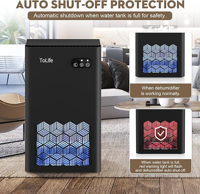 ToLife Dehumidifiers for Home, 1000 sq.ft Dehumidifier for Basement Bedroom Bathroom with 95 OZ Water Tank, Auto Shut Off 7 Colors LED Light, Black