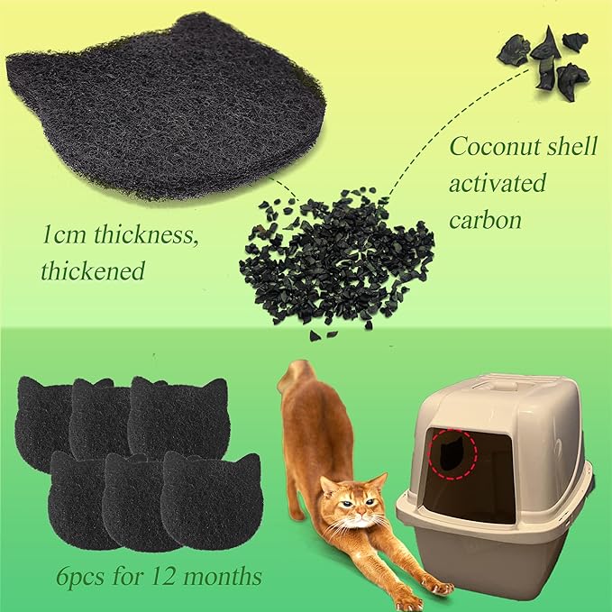 Cat Litter Box Stick-on Activated Charcoal Filters Compatible with Most Cat Litter Box, Universal Activated Carbon Filters to Absorb Odors and Control Damp for Keep Home Fresh (6 Pack)