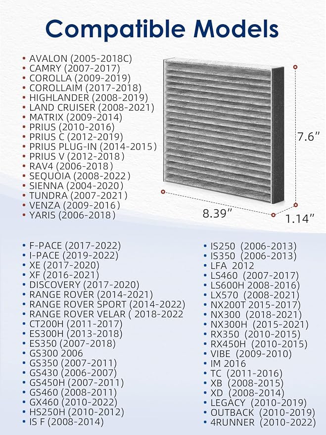 CF10285 Cabin Air Filter with Activated Carbon, Replacement for CP285 Toyota Lexus Scion Camry Corolla Tundra Highlander Prius, A/C Car Filter 3-Pack
