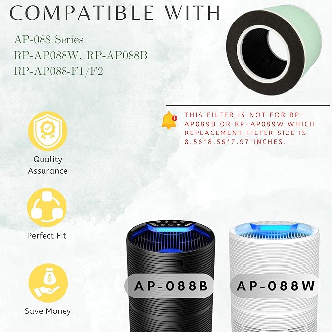 Nispira RP-AP088-F1 RP-AP088 Replacement Filter for RENPHO Air purifier RP-AP088W RP-AP088-F2 H13 4-in-1 HEPA Activated Carbon, 2 Packs