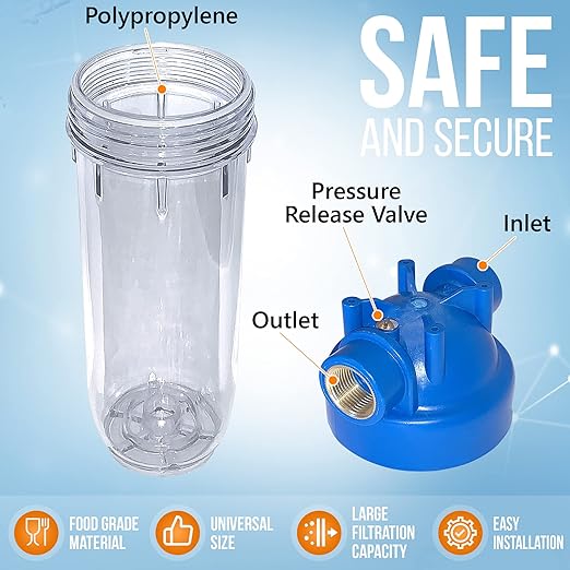 10 Inches European Design Transparent Standard Whole House Water Filter System with Presser Relief Valve, 3/4” Inlet/Outlet Brass Port and Yearly Supply (3) Granular Activated Carbon Cartridges