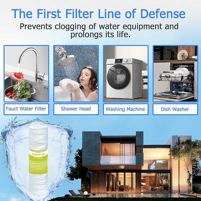 10 Micron Whole House Water Filter Cartridge, String Wound Sediment Filters for Well Water, Universal Replacement for Any 10 inch RO Unit - 10" x 2.5" Cartridges - Pack of 6