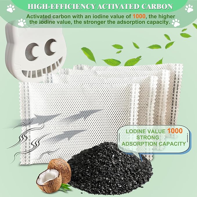 Unscented Cat Litter Box Deodorizer Kit Stick-On Activated Carbon Odor Eliminators Compatible with most manual and automatic litter boxes (4 Refills+ 1 Box) (White, Unscented)