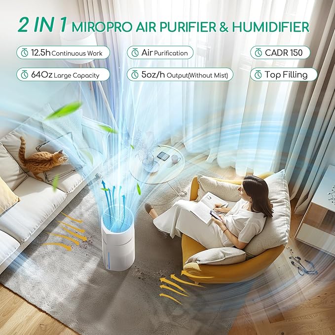 Afloia 2-in-1 Air Purifier & Humidifier Combo, Advanced 3-Stage Filtration, Whisper-Quiet Operation, Auto Shut-Off, 7-Color LED Light, Ideal for Pet Allergies & Smoke (White)