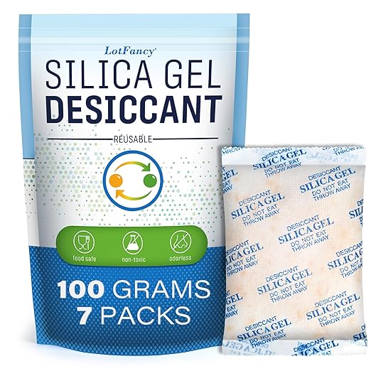 LotFancy Silica Gel Packets, 100 Gram 7 Packs Rechargeable Desiccant Dehumidifiers Packets, Moisture Absorber Drying Bag with Orange Indicator, Non-Toxic, Odorless