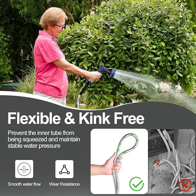 100ft 304 Stainless Steel Garden Hose Metal, Heavy Duty Water Pipe with Nozzles for Yard, Outdoor - Flexible, Never Kink & Tangle, Puncture Resistant (Sliver)