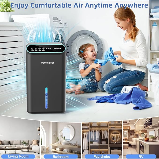 Dehumidifiers for Home, Up to 800 Sq.ft, 86oz Water Tank, Dehumidifiers for Bedroom with Essential Oil Diffuser, 7 Color LED Light, 24H Timer, Auto Shut-off, Ideal for Bathroom Basement Closet RV