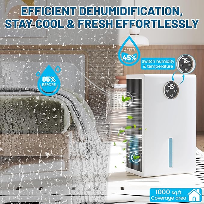 Dehumidifier for Home for Bedroom with 1000 sq.ft 120 OZ Water Tank,Dehumidifiers for Bathroom Basement with Remote Control,Auto Shut Off,Touchscreen,7 Colors LED Light