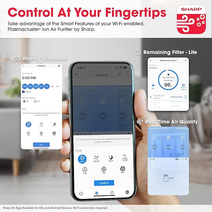 SHARP Smart Air Purifier for XL Rooms – Covers up to 2,430 sqft in one hour, Compatible w/Alexa, True HEPA Filter Air Purifier for Living Room, Dust, Smoke, Pollen - FXJ80UW