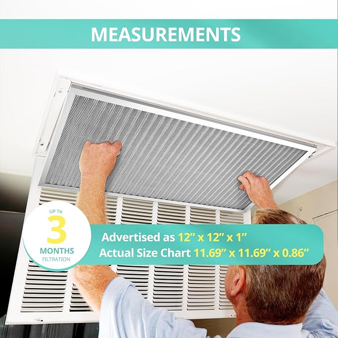 12x12x1 Electrostatic Air Filter, Washable & Reusable Aluminum AC/HVAC Furnace Filter, MERV 8, Lasts a Lifetime, Healthier Home or Office(Actual Size: 11.69"x11.69"x0.86")