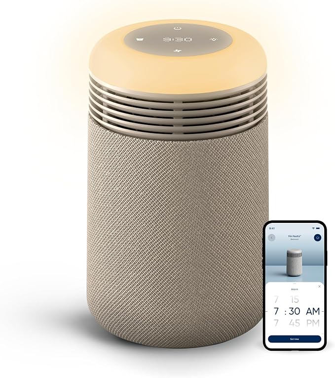 BLUEAIR Purifier for Bedroom - Mini Restful - Sunrise Clock with HEPASilent Filtration and Wake Up Light - Cleans Air and Supports Circadian Rhythm - USB-C and App Connectivity, Beige