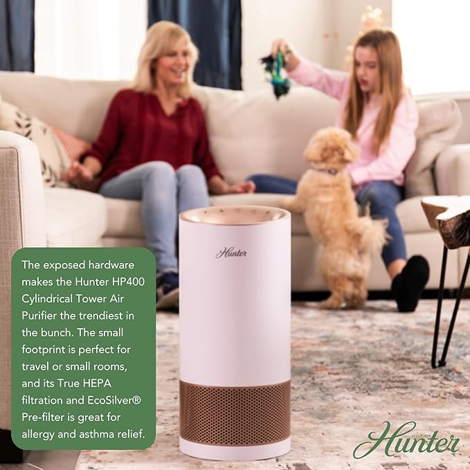 Hunter HP400 Round Air Purifiers for Home, True HEPA Air Purifier Tower for Pets, Odors, Allergens, Smoke, Dust, VOC's. HEPA Air Purifiers for Bedroom and Small Room. Sage and Silver