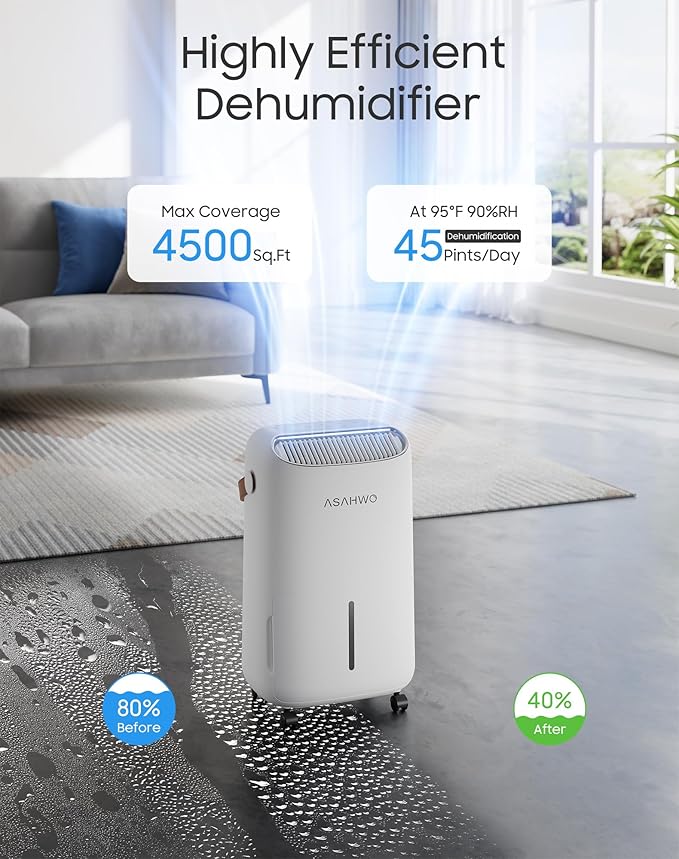 Dehumidifier for Basement,Home,Bathroom,Bedroom 45 pint/Day 4500 Sq ft Dehumidifiers with Drain Hose,Most Efficient Energy Star 2025,Intelligent Humidity Control,3 Modes,24H Timer (45 Pint)