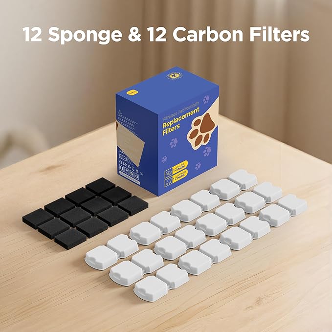 Pet Water Fountain Filters: Per Fountain Filter Replacement (24 Pcs) - 6 Months Set of Replacement Filters for ATMZIQXR S18 - Contains 12 Carbon Filters + 12 Sponges Filters
