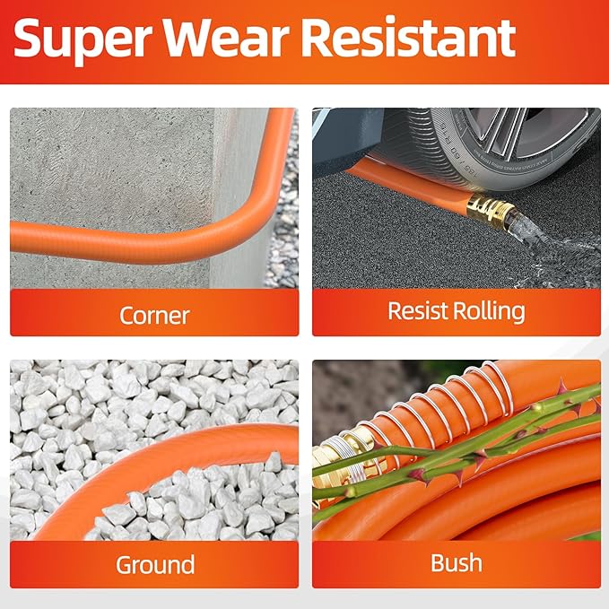 Garden Water Hose 100 ft x 3/4 in Heavy Duty, Flexible and Lightweight, Burst 600 psi, Kink-less Hybrid Rubber Pipe for Backyard, 3/4'' Brass Fittings, Orange