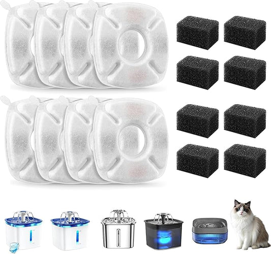 Cat Water Fountain Filters Replacement-8Pack Activated Carbon&Ion Exchange Resin Filters-Compatible with 67oz 95oz 135oz Pet Fountains-Improves Water Quality for Cats Dogs Stainless Steel Dispensers