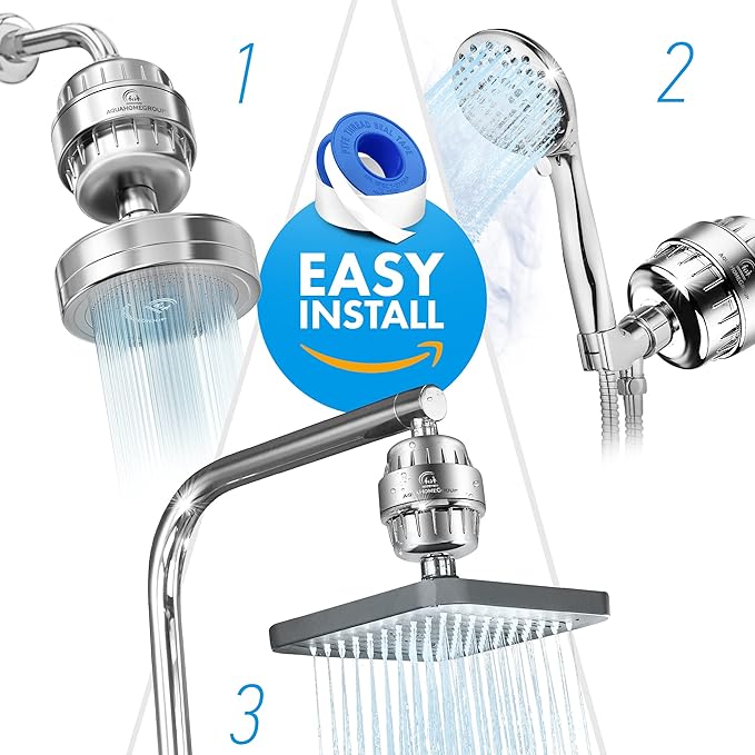 AquaHomeGroup Shower Head Filter for Hard Water – 20-Stage + 5 Replacement Cartridges – Removes Chlorine, Fluoride, and Other Chemicals – Vitamin C, E & A Shower Filter for Glowing Skin & Hair