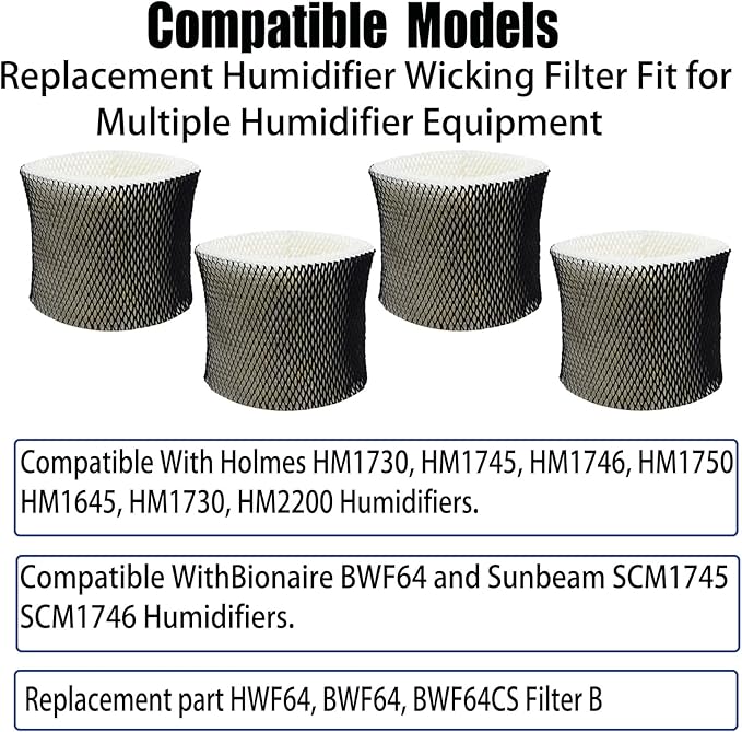 HWF64 Wicking Humidifier Filter B Replcement for Holmes HM1730 HM1745 HM1746 HM1750, for Bionaire Sunbeam SCM1745 SCM1746 Humidifiers Wick Filters, Part # HWF64 BWF64 BWF64CS (4 Pack)