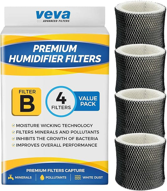 VEVA 4 Pack Premium Humidifier Filters Replacement for Holmes Filter B, HWF64, and Other Sunbeam Bionaire Cool Mist Humidifiers