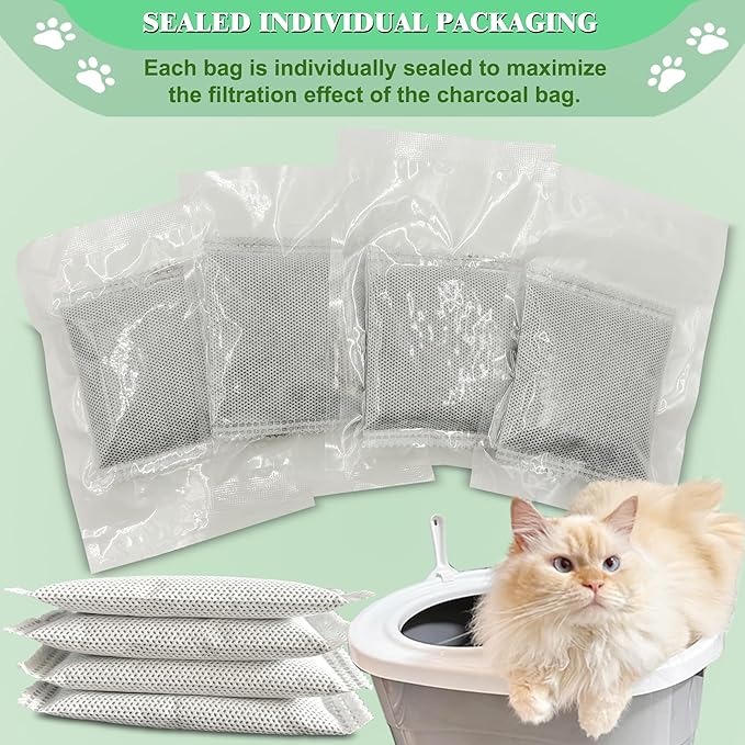 Unscented Cat Litter Box Deodorizer Kit Stick-On Activated Carbon Odor Eliminators Compatible with most manual and automatic litter boxes (4 Refills+ 1 Box) (White, Unscented)