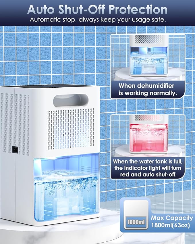 Dehumidifier for Basement, Quiet Dehumidifiers for Home with Auto Shut Off, Auto Defrost, Timer, Sleep Mode, 7 Color Light Portable Small Dehumidifier for Bedroom, Bathroom, Closet, RV - White