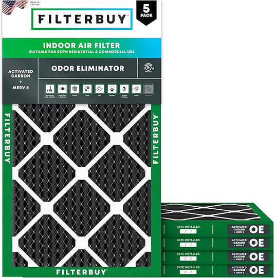 Filterbuy 12x25x1 Air Filter MERV 8 (MPR 700) Odor Eliminator Replacement (5-Pack), Electrostatic Pleated HVAC AC Furnace Filters w/Activated Carbon, Made in USA (Actual Size: 11.75 x 24.75 x 0.75)