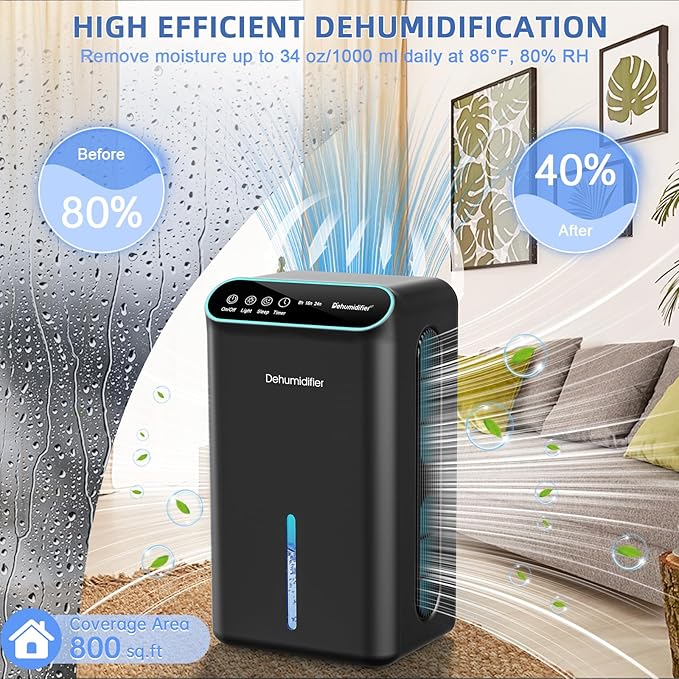 Dehumidifiers for Home, Up to 800 Sq.ft, 86oz Water Tank, Dehumidifiers for Bedroom with Essential Oil Diffuser, 7 Color LED Light, 24H Timer, Auto Shut-off, Ideal for Bathroom Basement Closet RV