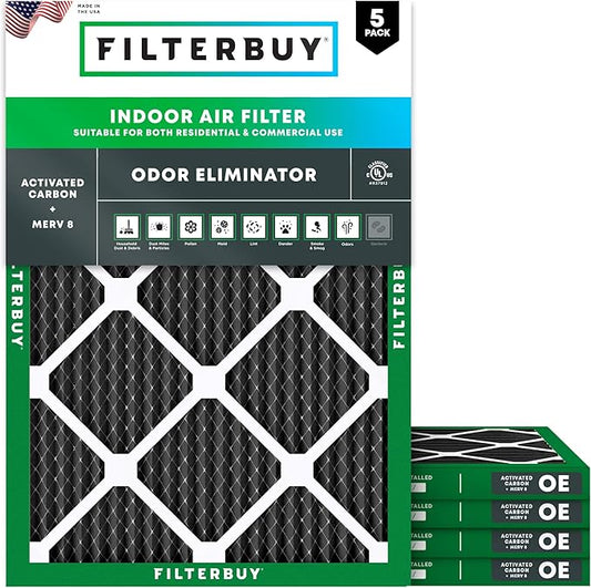 Filterbuy 12x18x1 Air Filter MERV 8 (MPR 700) Odor Eliminator Replacement (5-Pack), Electrostatic Pleated HVAC AC Furnace Filters w/Activated Carbon, Made in USA (Actual Size: 11.50 x 17.50 x 0.75)