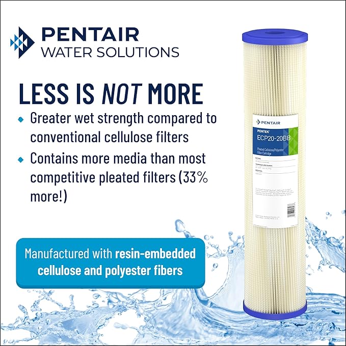 Pentair Pentek ECP5-BB Big Blue Sediment Water Filter, 10-Inch, Whole House Heavy Duty Pleated Cellulose Polyester Replacement Cartridge, 10" x 4.5", White End-Cap, 5 Micron, Pack of 2