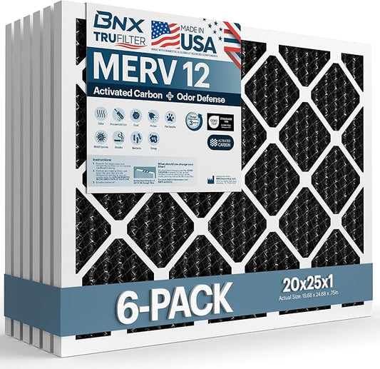BNX TruFilter 20x25x1 MERV 12 Odor Defense (6-Pack) AC Furnace Air Filter with Activated Carbon - MADE IN USA - Pleated Air Conditioner HVAC AC Furnace Filters - Removes Odor, Mold, Bacteria, Smoke