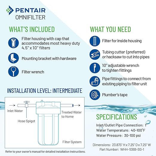 Pentair OMNIFilter Whole Home 10" Heavy-Duty Big Blue Water Filtration System with Pressure Relief, Black/Blue