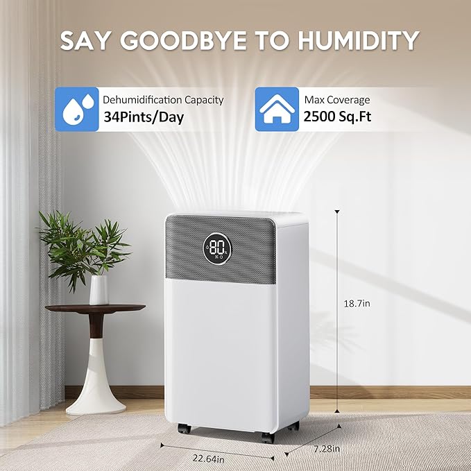 2500 Sq.Ft Dehumidifiers with Drain Hose, Max 34 Pints, Intelligent Humidity Control, 24H Timer, 3 Modes, Child Lock, Auto Defrost, Ideal for RV, Bathroom, Bedroom