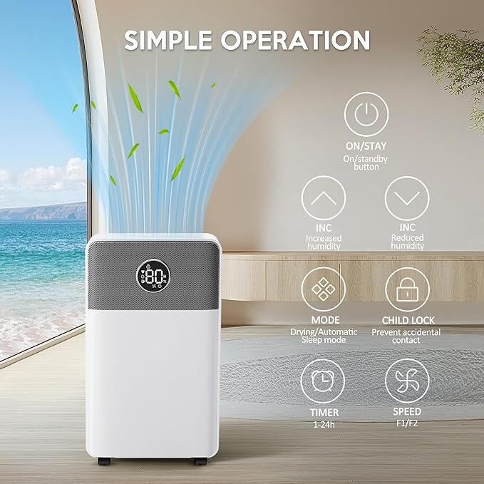 2500 Sq.Ft Dehumidifiers with Drain Hose, Max 34 Pints, Intelligent Humidity Control, 24H Timer, 3 Modes, Child Lock, Auto Defrost, Ideal for RV, Bathroom, Bedroom