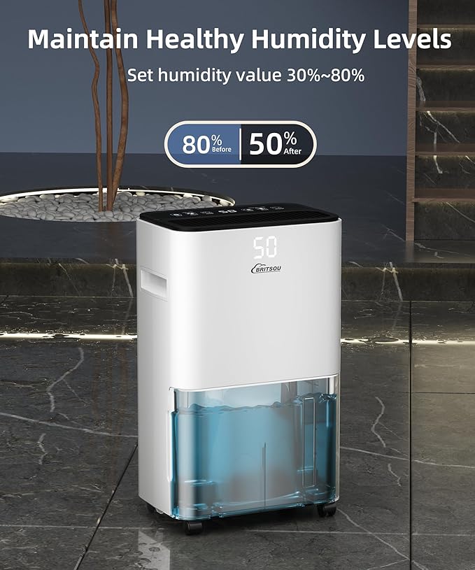 BRITSOU 34 Pint Dehumidifier for Basement with Drain Hose & 0.66 Gallon Water Tank, Manual & Auto Drainage, Smart Quiet Dehumidifiers for Home with Auto Shut off, 24HR Timer