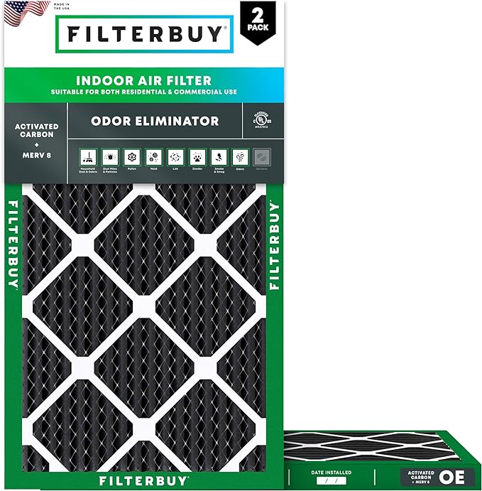 Filterbuy 12x24x1 Air Filter MERV 8 (MPR 700) Odor Eliminator Replacement (2-Pack), Electrostatic Pleated HVAC AC Furnace Filters w/Activated Carbon, Made in USA (Actual Size: 11.50 x 23.50 x 0.75)