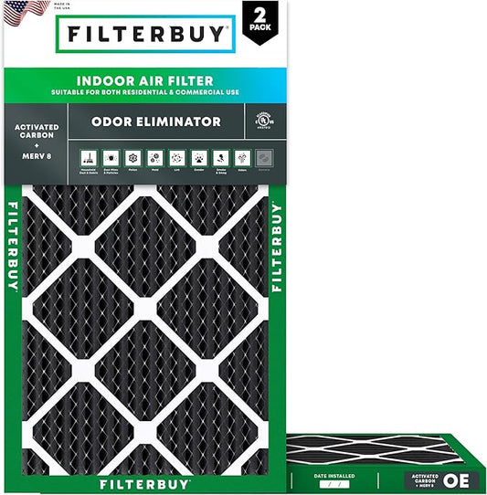 Filterbuy 12x30x1 Air Filter MERV 8 (MPR 700) Odor Eliminator Replacement (2-Pack), Electrostatic Pleated HVAC AC Furnace Filters w/Activated Carbon, Made in USA (Actual Size: 11.88 x 29.88 x 0.75)