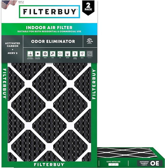 Filterbuy 12x25x1 Air Filter MERV 8 (MPR 700) Odor Eliminator Replacement (2-Pack), Electrostatic Pleated HVAC AC Furnace Filters w/Activated Carbon, Made in USA (Actual Size: 11.75 x 24.75 x 0.75)