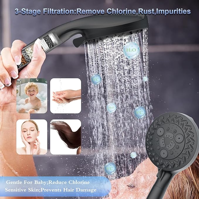 All-in-One Detachable Filtered Shower Head with Handheld,10 Spray Modes,Built-in 2 Power Wash,High Pressure Shower Heads with Filter for Hard Water (Filter, Black)