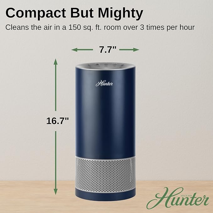 Hunter HP400 Round Air Purifiers for Home, True HEPA Air Purifier Tower for Pets, Odors, Allergens, Smoke, Dust, VOC's. HEPA Air Purifiers for Bedroom and Small Room, Denim & Silver