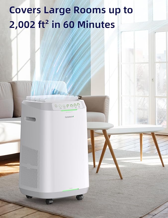 Nuwave OxyPure ZERO Smart Air Purifier, Large Area up to 2,002 Sq Ft, Dual 4-Stage Air Filtration, Adjustable 30°, 60°, 90° Vents, Washable & Reusable Filters for ZERO Waste & Replacements, White