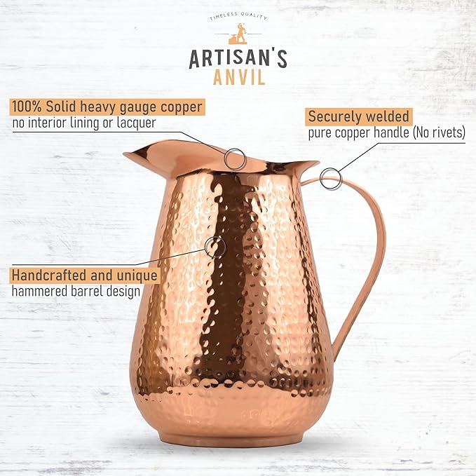 Artisan's Anvil Hammered Copper Pitcher w/Handle, 100% Copper, Heavy Duty, Handmade, 70 fl. Oz., Best for Water, Ayurveda, Moscow Mules, Cocktails