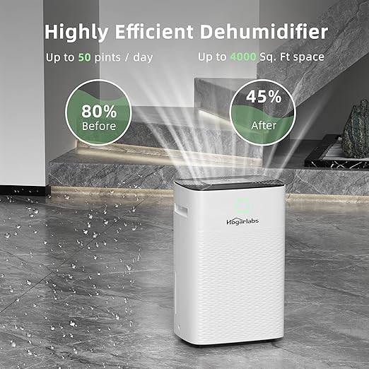 50 Pint Smart Dehumidifiers for Home and Basements, with 3 Working Modes, Overflow Protection, and Auto Shut off Restart. Ultra Silent Dehumidifier with Drain Hose and Digital Control Panel.