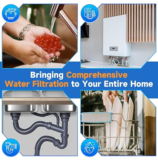 PUREPLUS 20-Inch 3-Stage Whole House Water Filter, Home Filtration System | Pleated Pre-Filter, Activated Carbon & Iron-Manganese Reducing | Built-in Pressure Gauges, with Steel Stand Frame