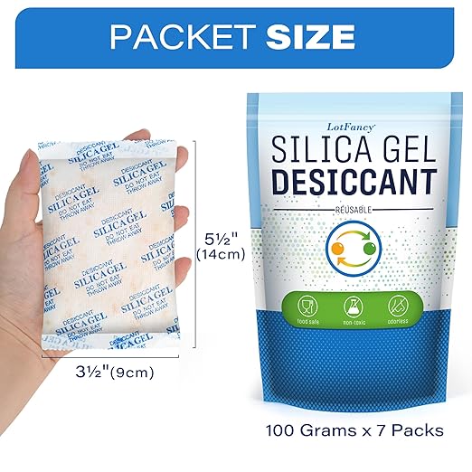 LotFancy Silica Gel Packets, 100 Gram 7 Packs Rechargeable Desiccant Dehumidifiers Packets, Moisture Absorber Drying Bag with Orange Indicator, Non-Toxic, Odorless