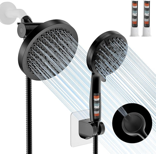 Filtered Shower Head with Handheld Spray Combo,High Pressure Rain Shower Heads,Double Dual Shower Head 10 Spray Modes,Detachable Showerhead 78 Inch Hose,Black