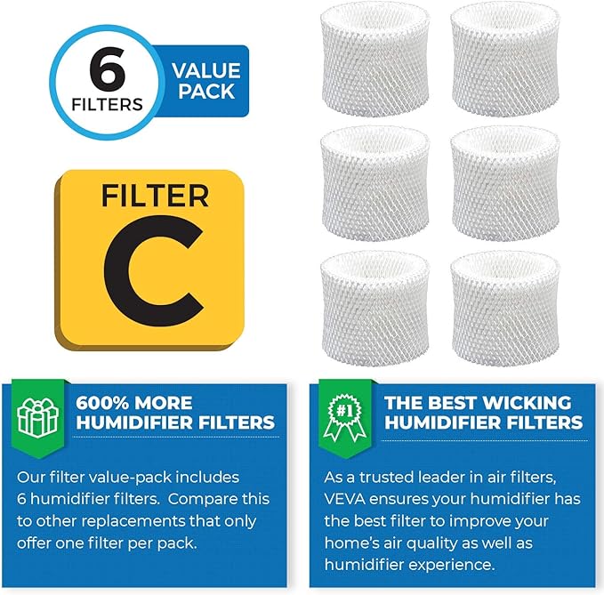 VEVA 6-Pack Premium Humidifier Filters - Replacement for HW Filter C, HC-888, HC-888N - Compatible with Cool Moisture Evaporative Humidifiers & HCM-890 Series