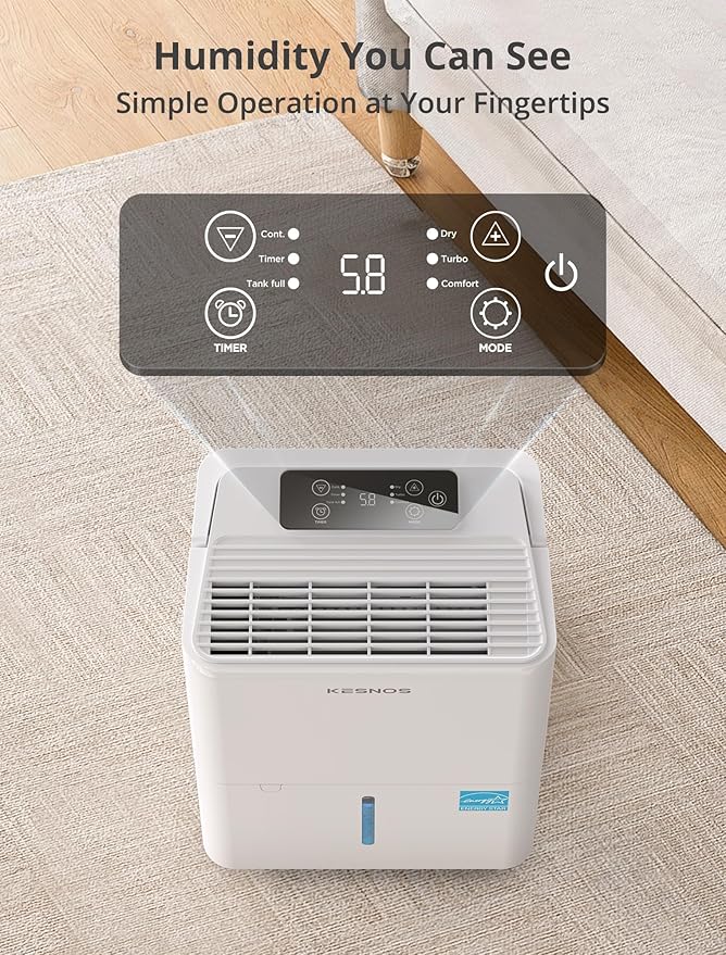 Kesnos 30 Pints Energy Star Dehumidifier for Spaces Up to 2,500 Sq. Ft, Quiet Dehumidifier for Home, Bedroom, Bathroom, Basement with Drain Hose, Featuring Mutile Mode, Auto Defrost, Timer Function