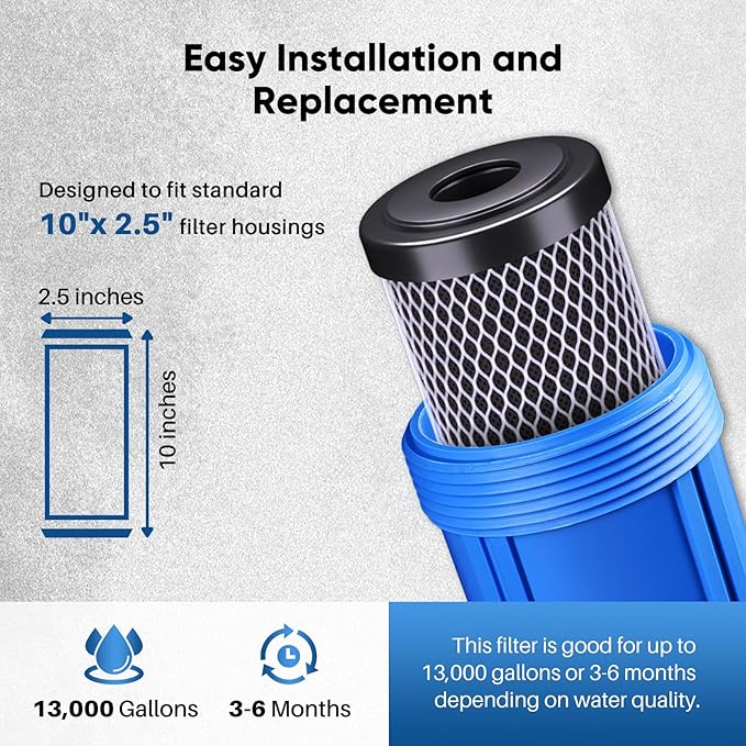 1 Micron 2.5" x 10" Whole House CTO Carbon Water Filter Cartridge Replacement for Under Sink Water Filter System, Dupont WFPFC8002, WFPFC9001, FXWTC, SCWH-5, WHEF-WHWC, WHCF-WHWC, AMZN-SCWH-5, 2Pack