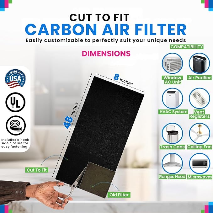 Cut to Fit Activated Carbon Filter Sheet 8” x 48” - Activated Carbon Air Filter for Air Purifiers Window AC Air Vent And More - Charcoal Filters Absorb Odors & Freshens the Air (1-Pack)